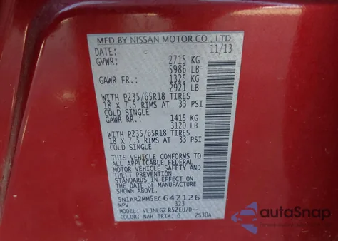 2014 Nissan Pathfinder Sl from USA, damaged, VIN 5N1AR2MM5EC647126